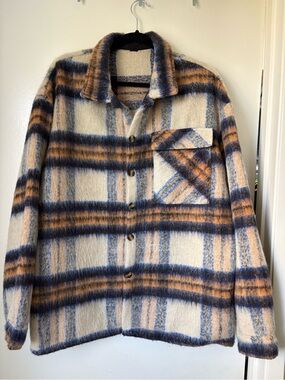 Plaid Button-Up Shaggy Jacket in Cream, Blue & Tan
